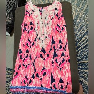 Lilly Pulitzer Carlotta Navy Via Amor Flamingo Corded Lace Shift Dress NWOT